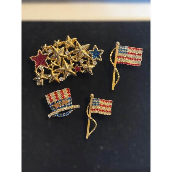 4 piece Patriotic Brooch Pin Set Collection With Stars & Stripes Design Red/Blue - Picture 1 of 16